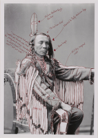 Wendy Red Star, 1880 Crow Peace Delegation: Peelatchiwaaxpáash/Medicine Crow (Raven), Peelatchixaaliash/Old Crow (Raven), Iichíilachkash/Long Elk, Déaxitchish/Pretty Eagle, Bia Eélisaash/Large Stomach Woman (Pregnant Woman) aka Two Belly, Alaxchiiaahush/Many War Achievements or Plenty Coups, aka Chíilaphuchissaaleesh/Buffalo Bull Facing The Wind, 2014, 10 inket prints and red ink on paper, Museum Purchase: Acquired with the assistance of The Ford Family Foundation and the Native American Art and Photography Funds, © Wendy Red Star, 2015.104.1a-j